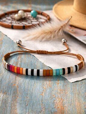 Handmade Tila Glass Bead Bracelet Adjustable Retro Rainbow Colorful Layering